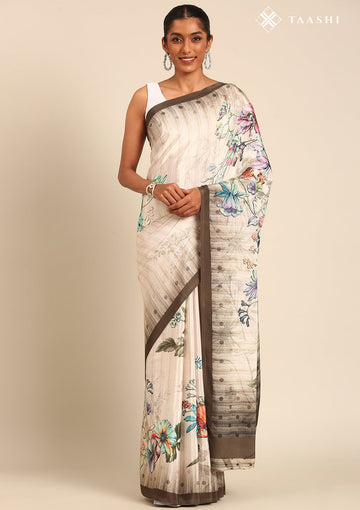 Cream Contemporary Printed Crepe Saree