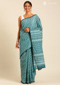 Teal Batik Floral Butta Printed Cotton Saree - Taashi