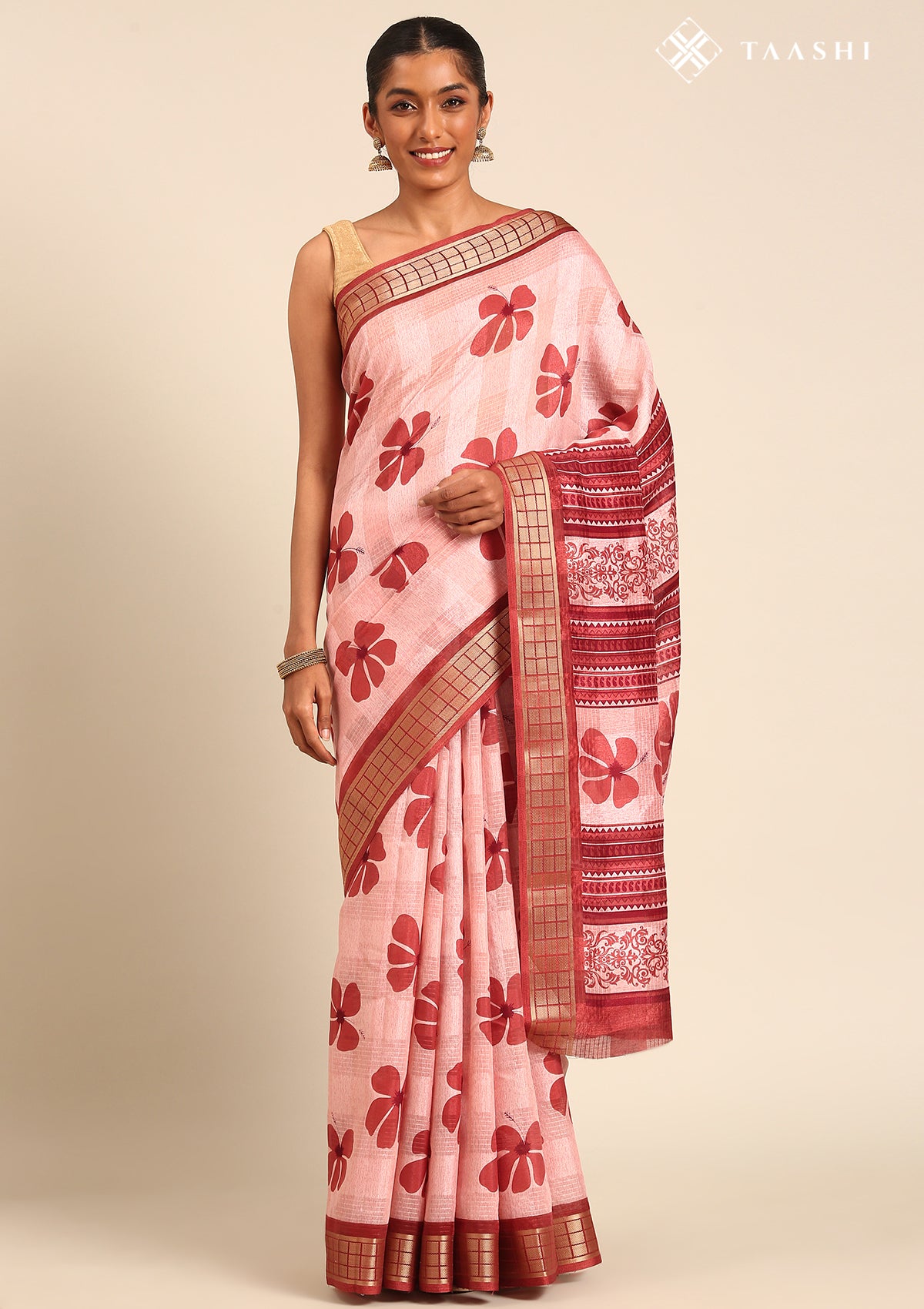Red Hibiscus Printed Tussar Saree