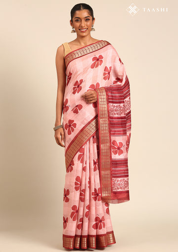 Red Hibiscus Printed Tussar Saree