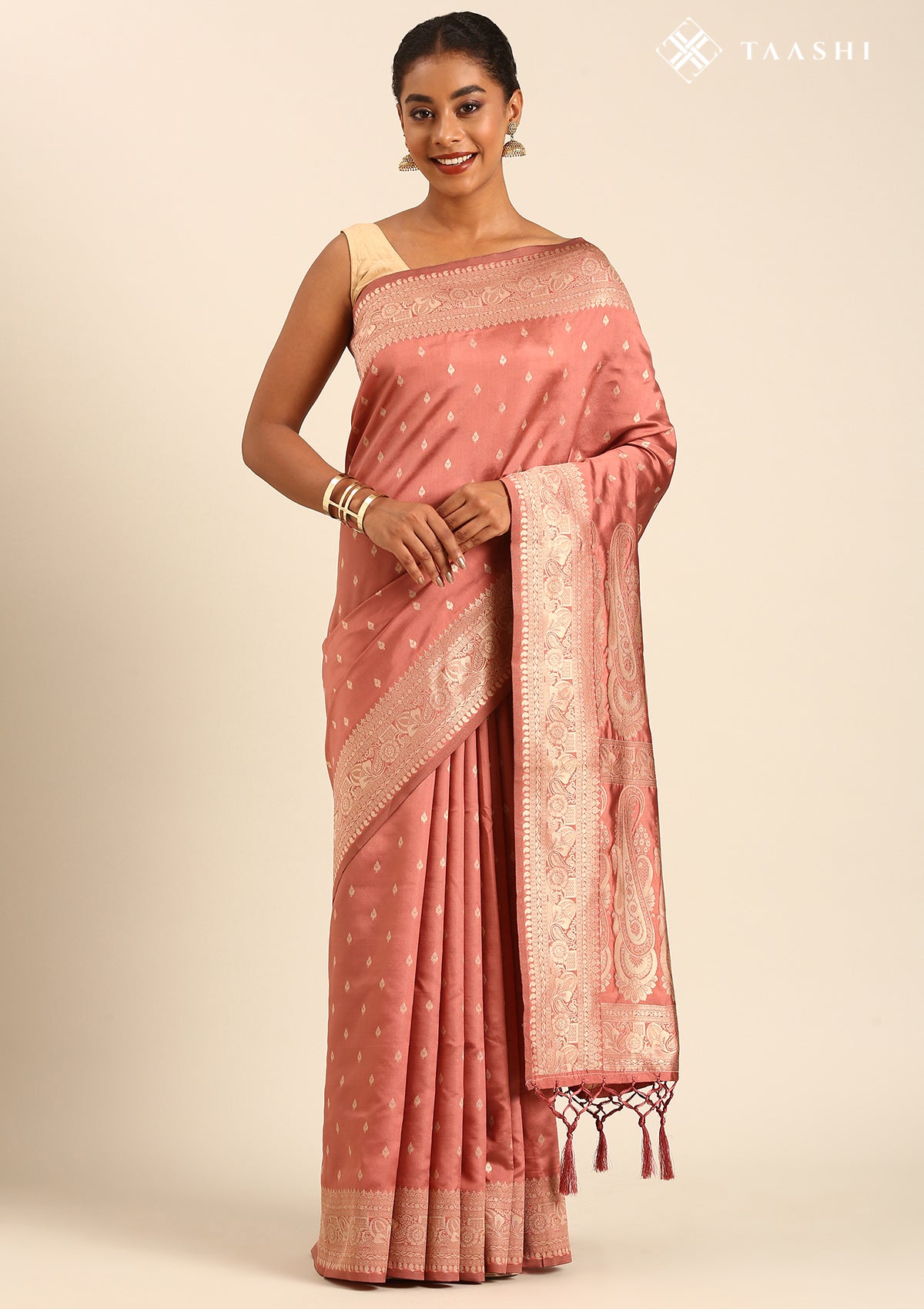Dusty Dark Peach Traditional Pattern Woven Tussar Saree