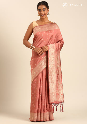 Dusty Dark Peach Traditional Pattern Woven Tussar Saree