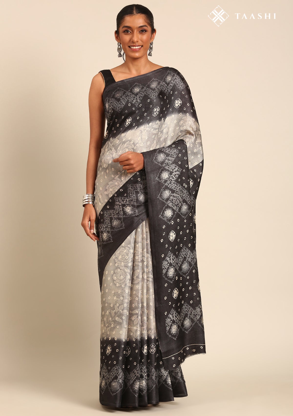 Grey Batik Printed Art Tussar Matka Silk Saree