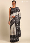 Grey Batik Printed Art Tussar Matka Silk Saree - Taashi