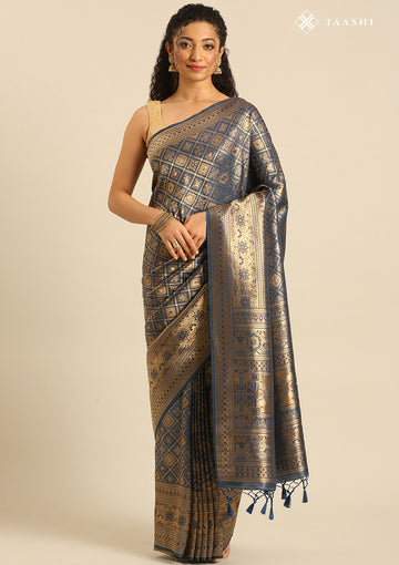 Dark Blue Banarasi Saree - Taashi