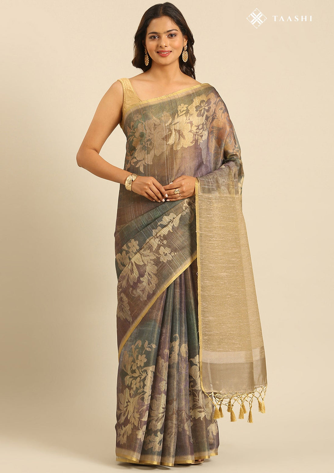 Beige Tissue Contemporary Printed Saree