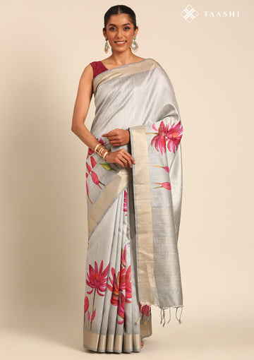 Grey Floral Printed Tussar Saree