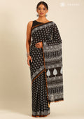 Black Batik Floral Butta Printed Cotton Saree - Taashi