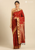 Marron Semi Kanchipuram Saree With Zari Temple Butta And Zari Temple Border Saree - Taashi