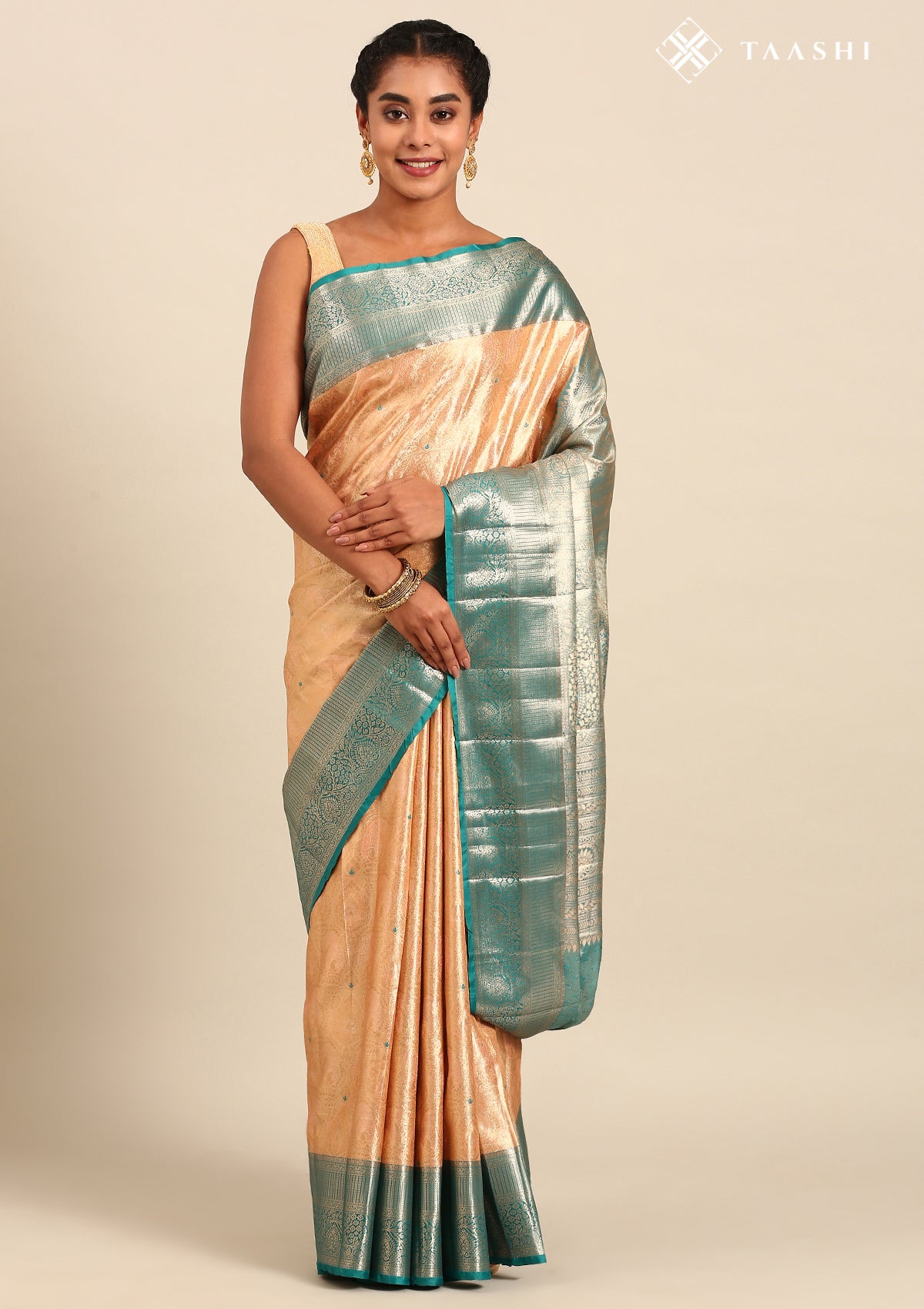 Beige And Teal Kanchipuram Saree