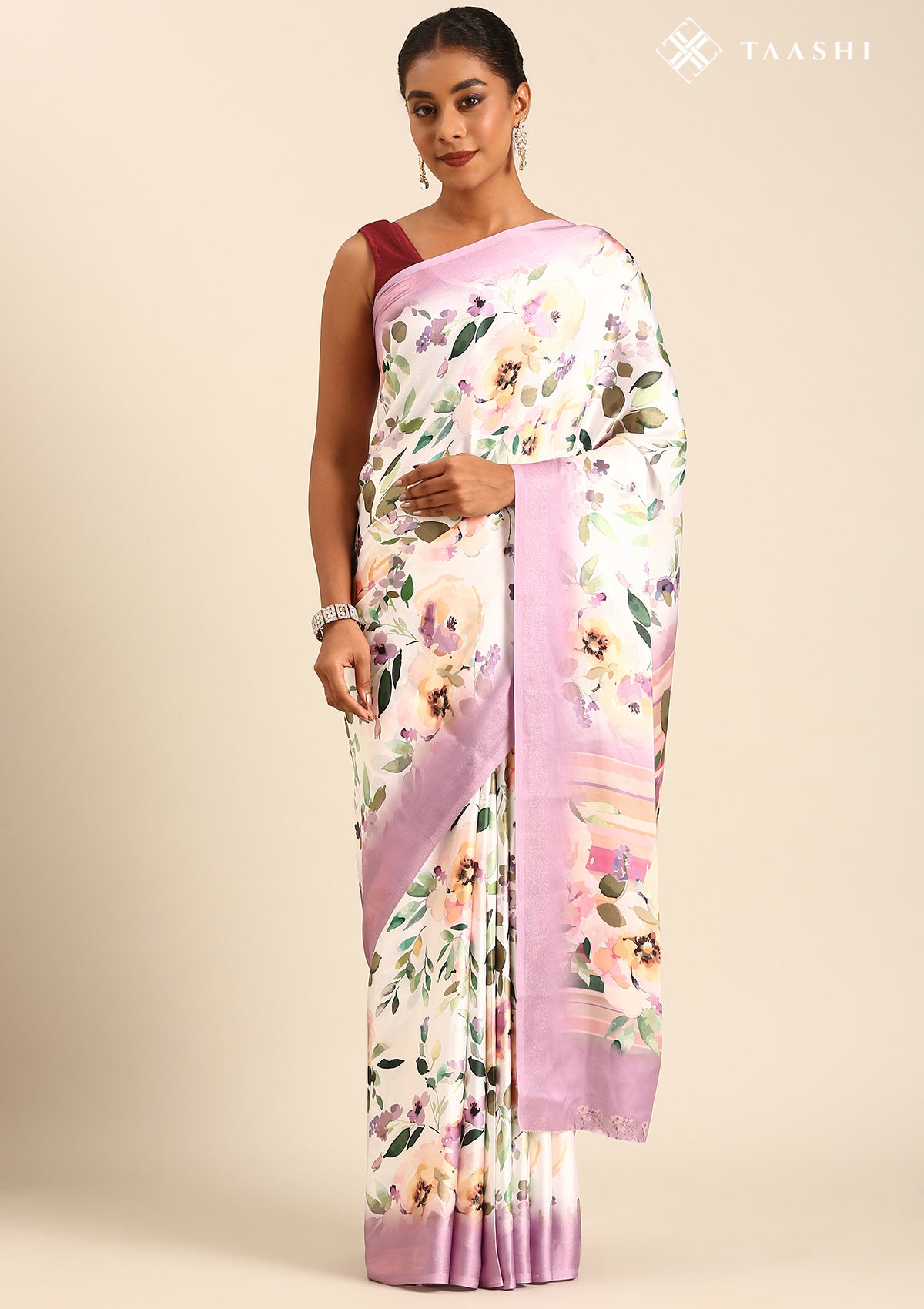 White A/O Floral Printed Satin Saree