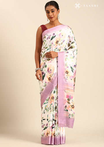 White A/O Floral Printed Satin Saree