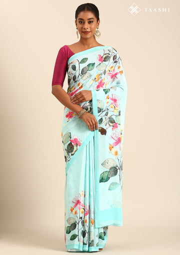 Sky Blue Multicolor Watercolor Floral Printed Crepe Saree