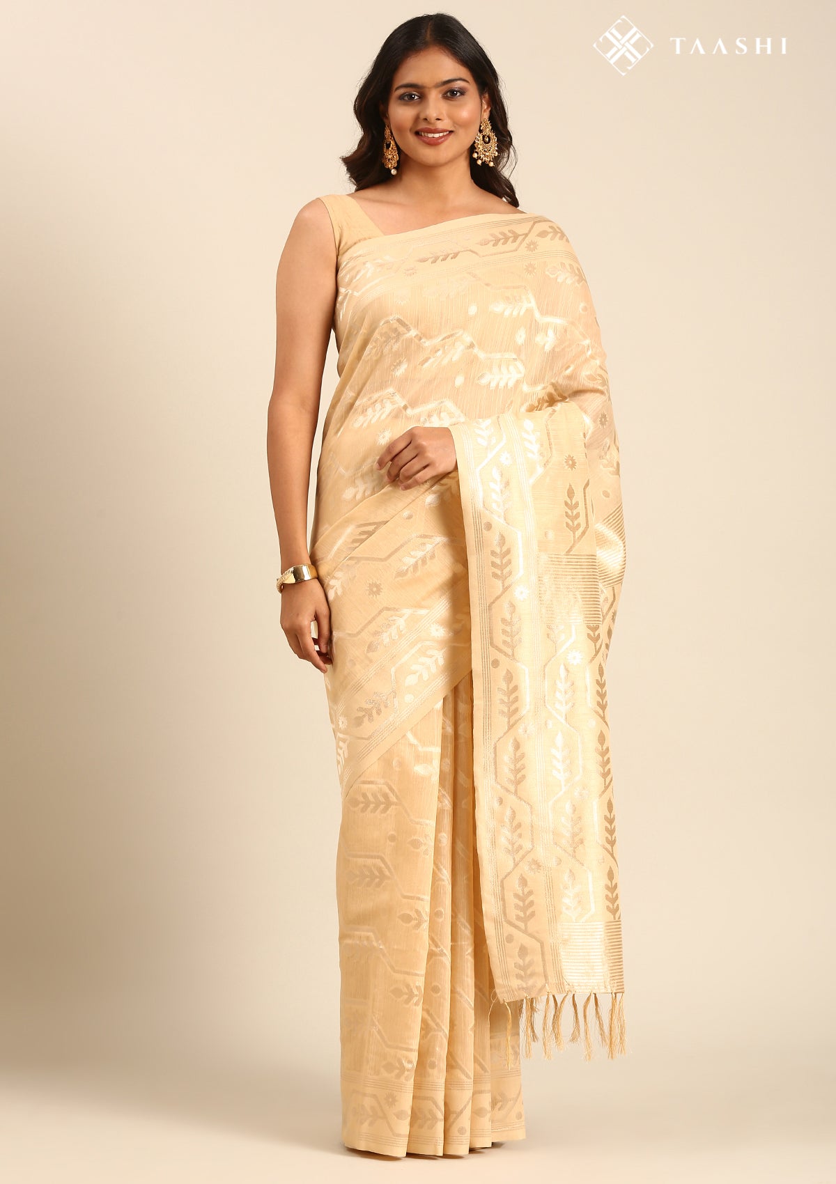 Beige Geometric Floral Woven Tussar Saree