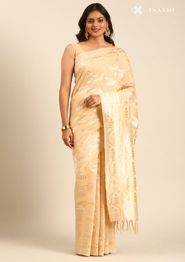 Beige Geometric Floral Woven Tussar Saree