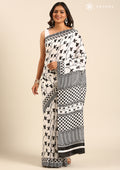 White X Black Printed Art Tussar Matka Silk Saree - Taashi