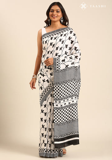 White X Black Printed Art Tussar Matka Silk Saree
