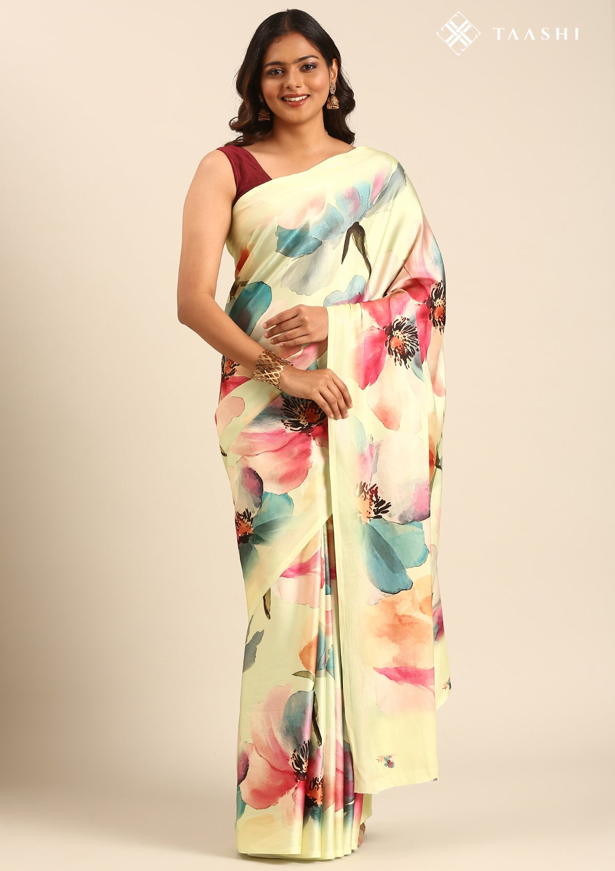 Pastel Green Watercolor Floral Digital Printed Satin Saree