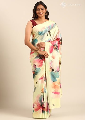 Pastel Green Watercolor Floral Digital Printed Satin Saree