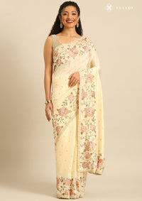 Cream Linen Contemporary Embroidered Saree