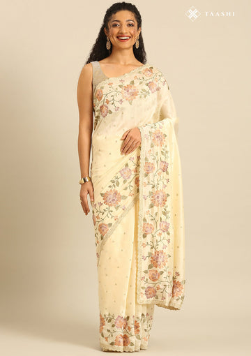 Cream Linen Contemporary Embroidered Saree