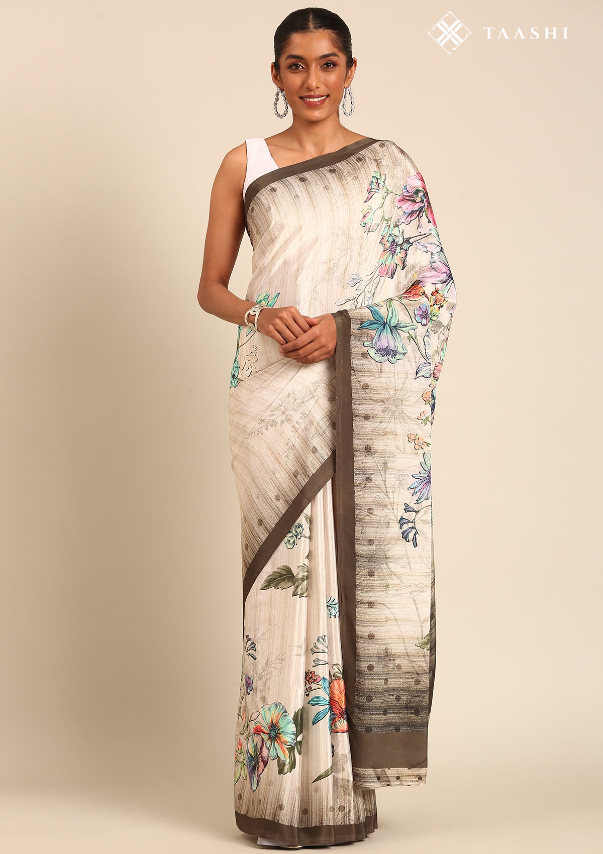 Offwhite Digital Multicolor Floral And Textured Printed Crepe Saree