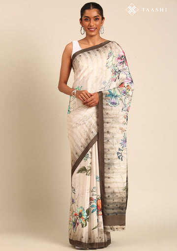 Offwhite Digital Multicolor Floral And Textured Printed Crepe Saree