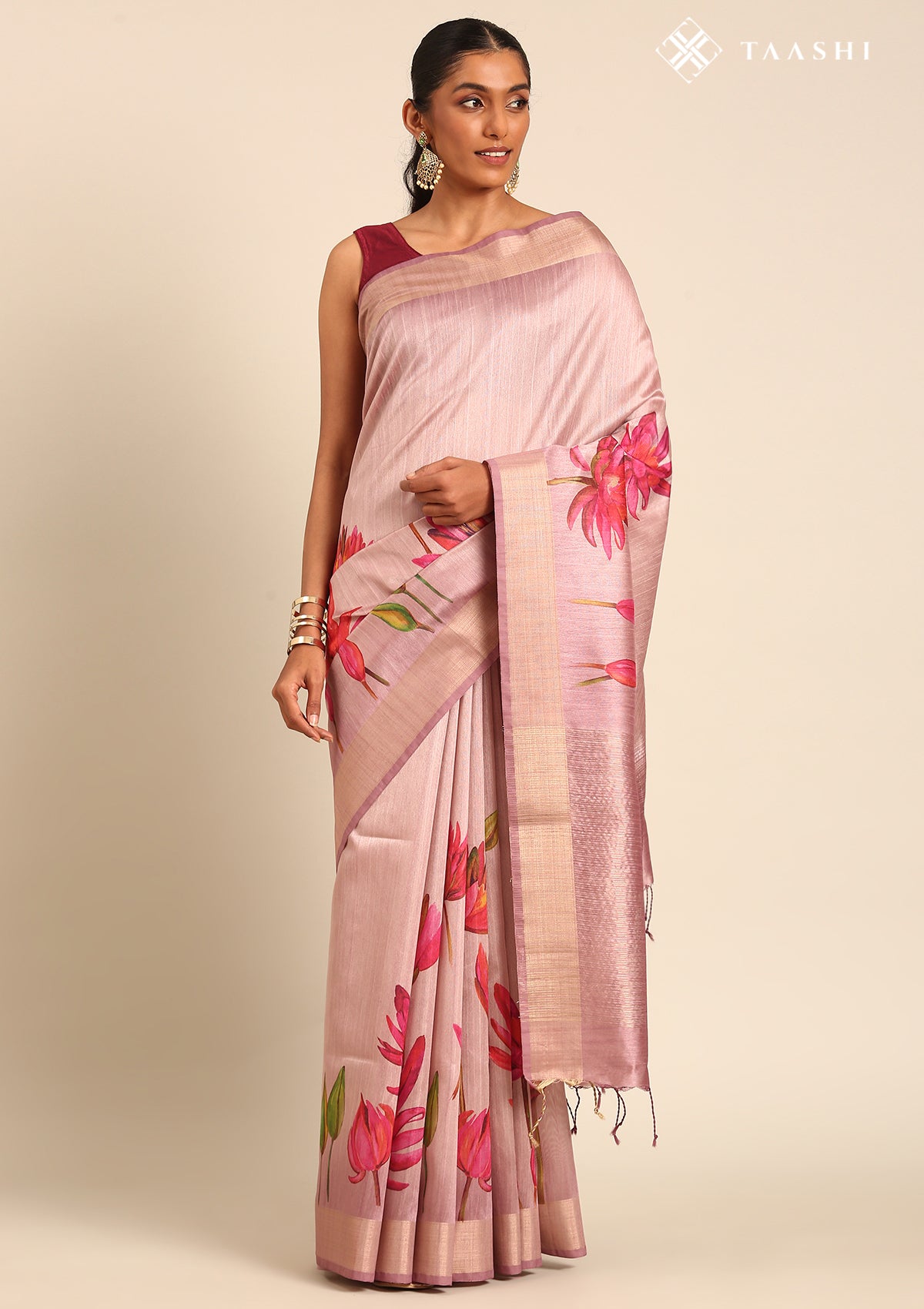Mauve Floral Printed Tussar Saree