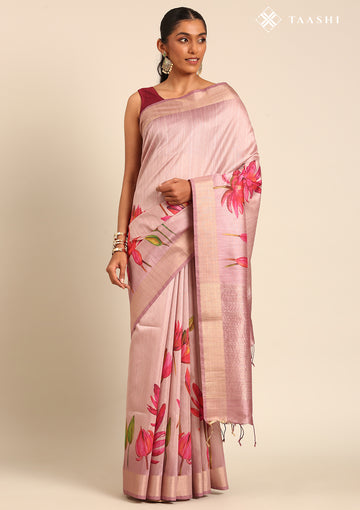 Mauve Floral Printed Tussar Saree