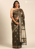 Dusty Green Zari Floral Butta Tussar Saree - Taashi