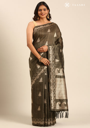 Dusty Green Zari Floral Butta Tussar Saree