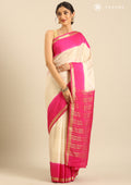 Cream And Magenta Woven Stripes 2D Dyed Crepe Saree - Taashi