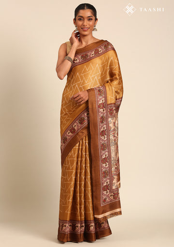 Mustard Geometric Printed Tussar Saree