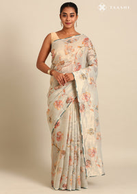 Pastel Dusty Blue Tissue Printed Embroidered Saree