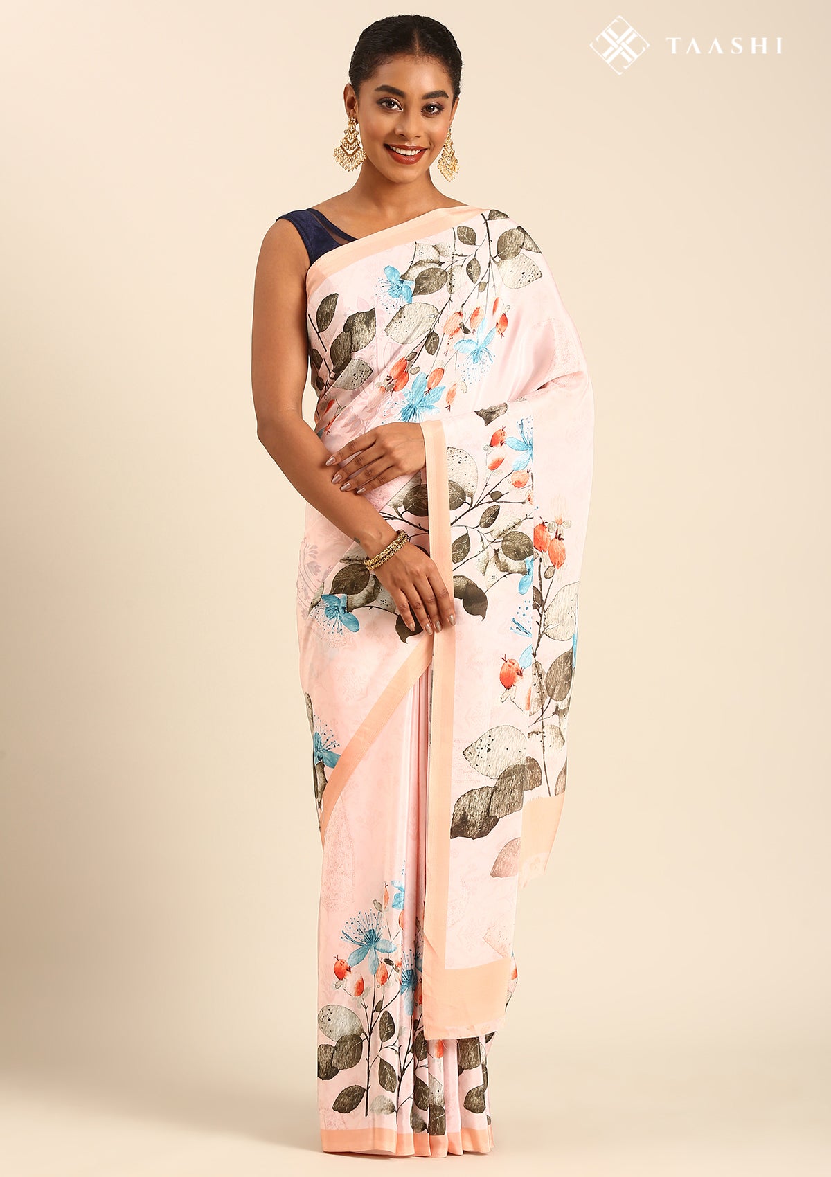 Pastel Pink Multicolor Watercolor Floral Printed Crepe Saree