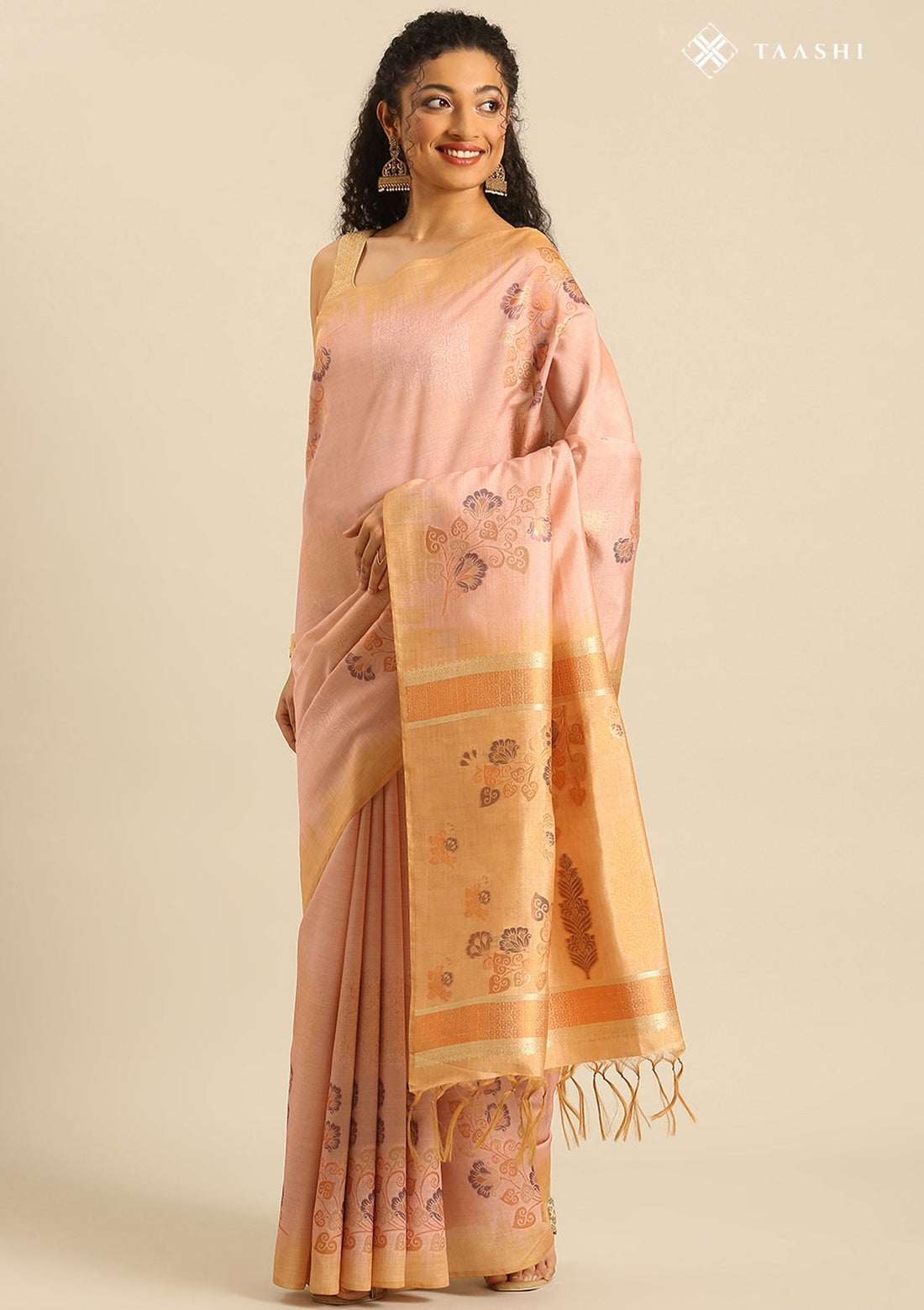 Pastel Blush Pink Tussar Contemporary Woven Saree