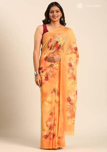 Orange Watercolor Floral Printed Georgette Saree