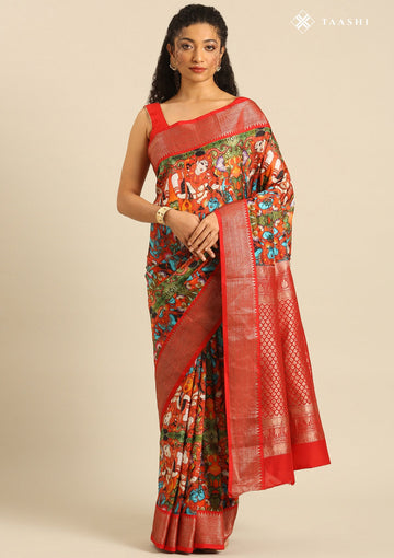 Orange Pure Silk Mural Printed Saree