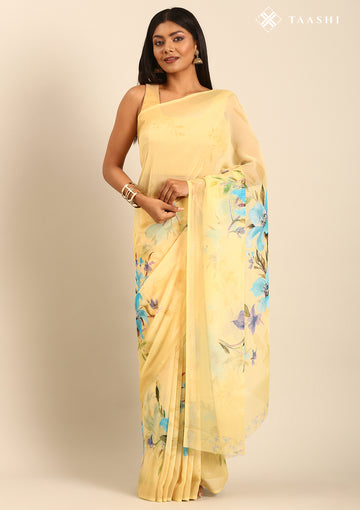 Pastel Yellow Multicolor Floral Printed Georgette Saree
