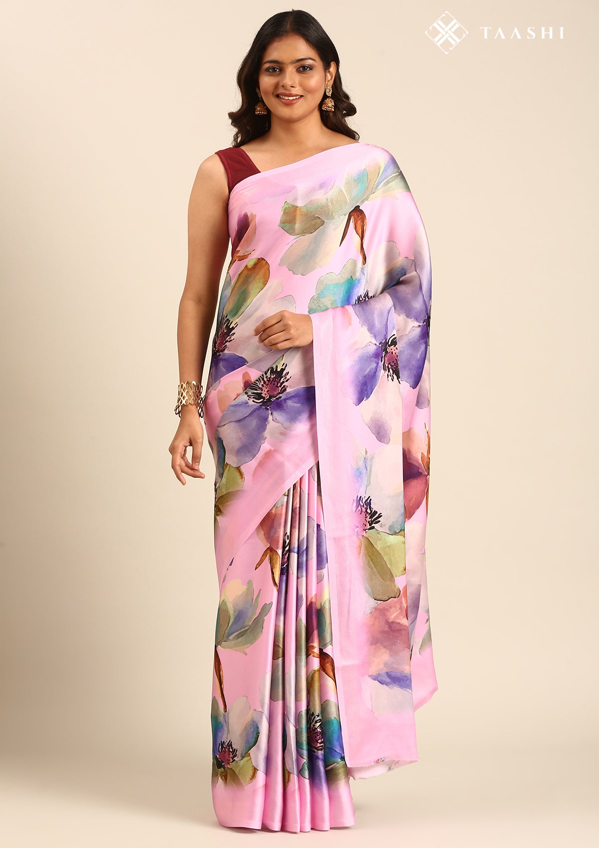 Pink Watercolor Floral Digital Printed Satin Saree