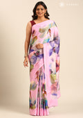 Pink Watercolor Floral Digital Printed Satin Saree - Taashi