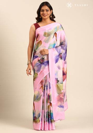 Pink Watercolor Floral Digital Printed Satin Saree