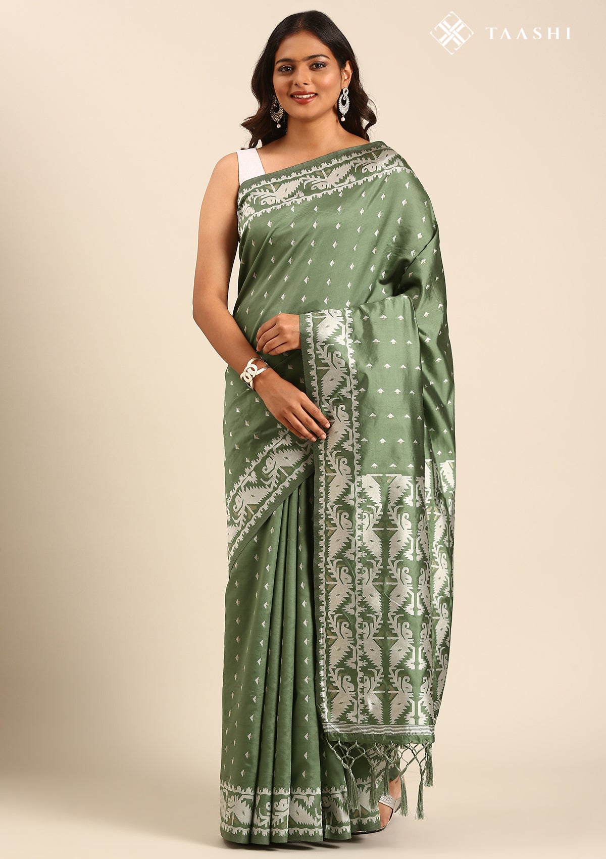 Dark Green Stylised Ikat Pattern Tussar Saree