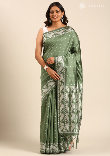 Dark Green Stylised Ikat Pattern Tussar Saree