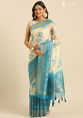 Pastel Blue Zari Woven And Floral Printed Organza Saree - Taashi