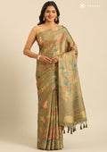 Dusty Olive Green Floral, Flamingo Printed And Zari Stripes Tussar Saree - Taashi