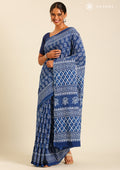 Indigo Batik Paisley Printed Cotton Saree - Taashi