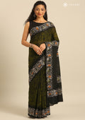Olive Green And Black Batik Printed Cotton Saree - Taashi