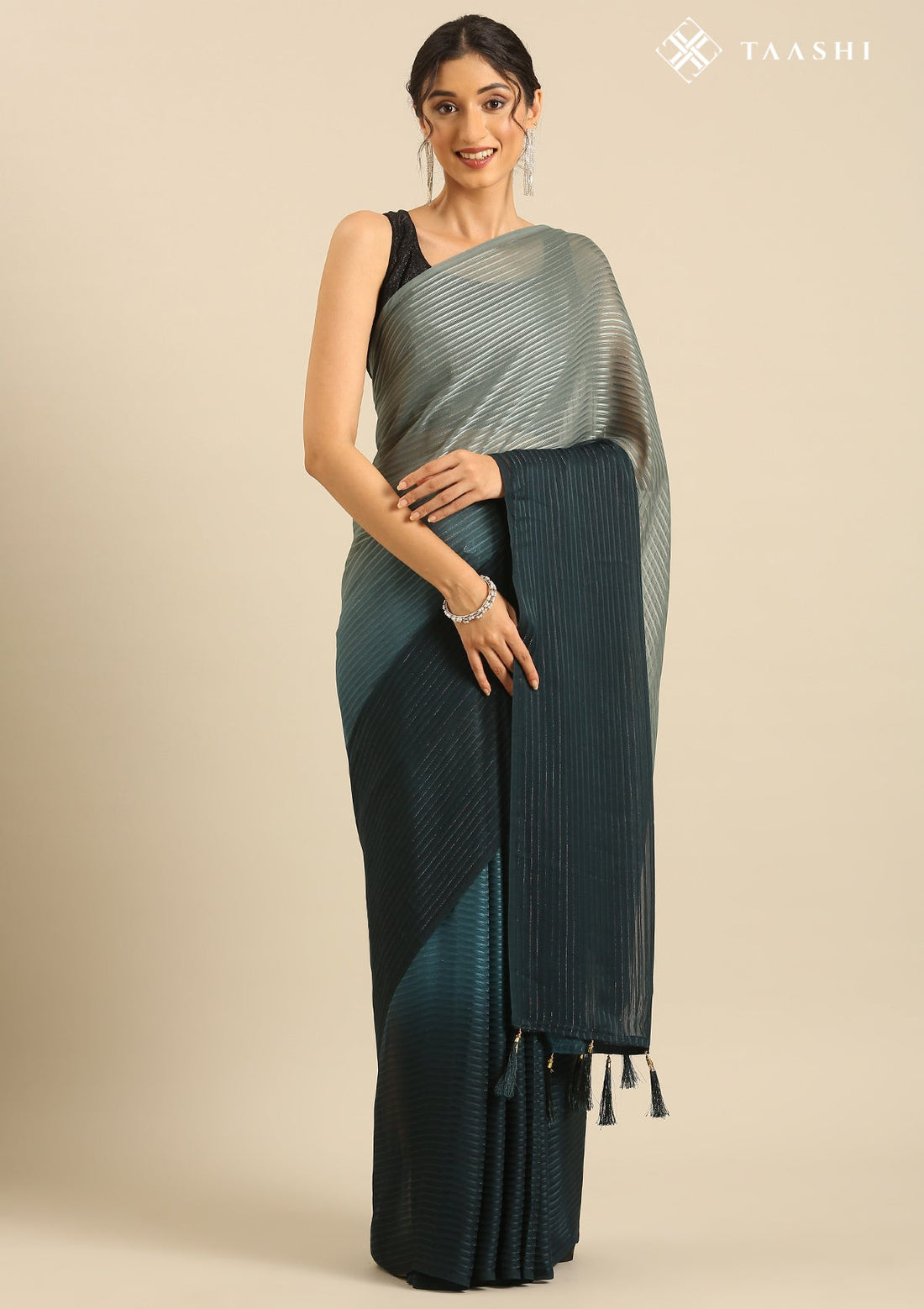 Dark Teal Contemporary Woven Chiffon Saree