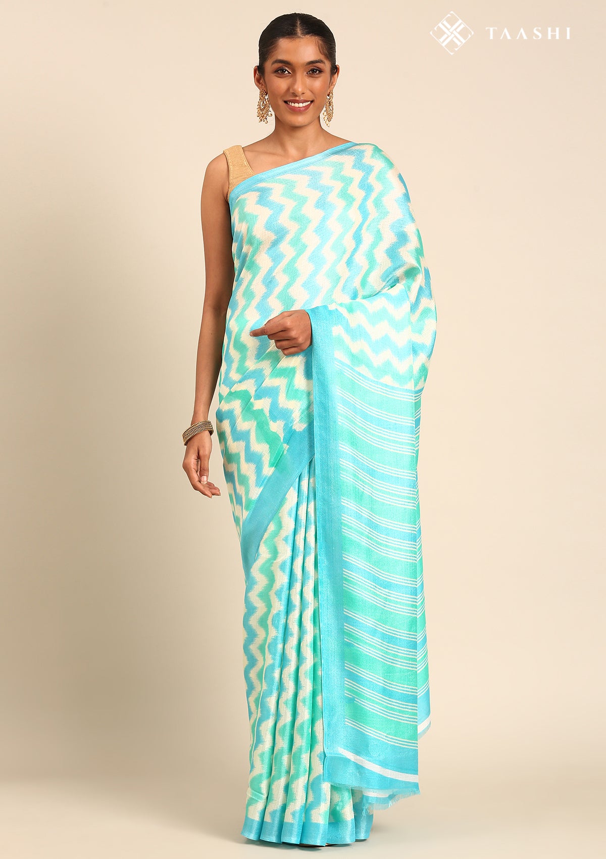 Cream Contrast Zigzag Printed Art Tussar Matka Silk Saree - Taashi